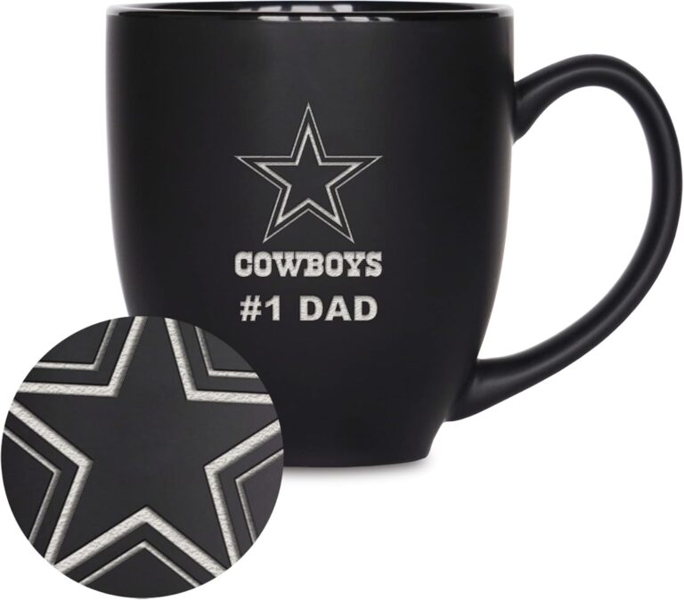 Rico Industries NFL Football #1 Dad 15oz Laser Engraved Matte Black Ceramic Bistro Mug – for Hot or Cold Drinks