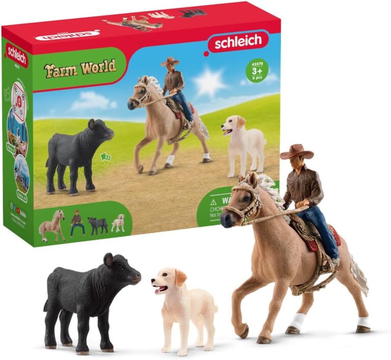 Schleich Farm World Rodeo Calf Adventure Playset – Cowboy Rodeo Rider Figurine with Horse, Cow, and Dog, Realistic Western Rodeo Farm Toys and Accessories, 6-Piece Kids Toy for Boys and Girls