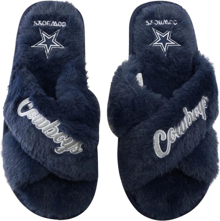 FOCO Womens NFL Team Script Wordmark Fuzzy Cross Slide Slippers